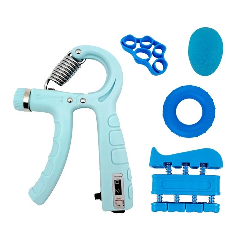 

5Pack Grip Strength Trainer Kit Adjustable Count Hand Grip Set With Finger Exerciser Hand Extension Exerciser Light Blue