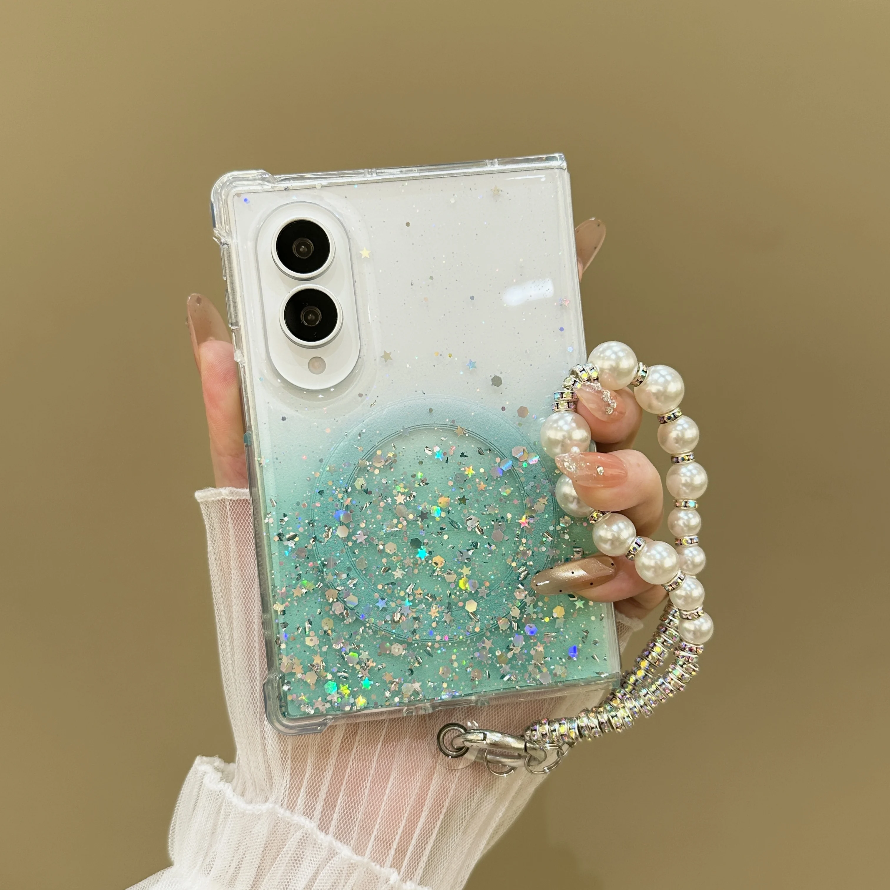 Luxury Gradient Glitter Sequins Pearl Wristband Bracelet Phone Case For Samsung Galaxy Z Fold 8 Wireless Charge Anti-slip Case