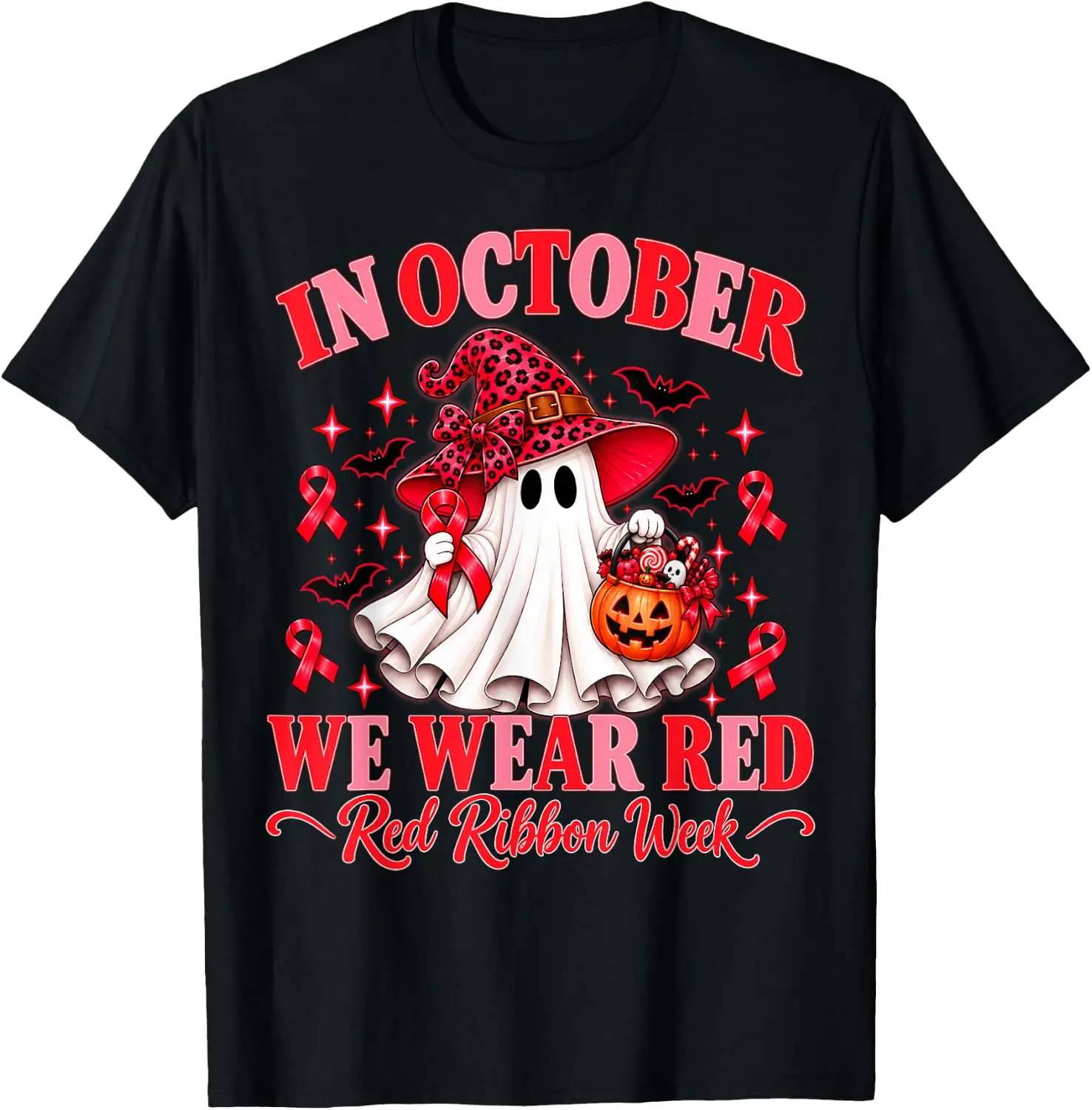 In October We Wear Red Ribbon Week Awareness Women Girls T-Shirt Premium heavyweight pure cotton—stylish, versatile, and unisex; a perfect Christmas gift suitable for year-round wear.