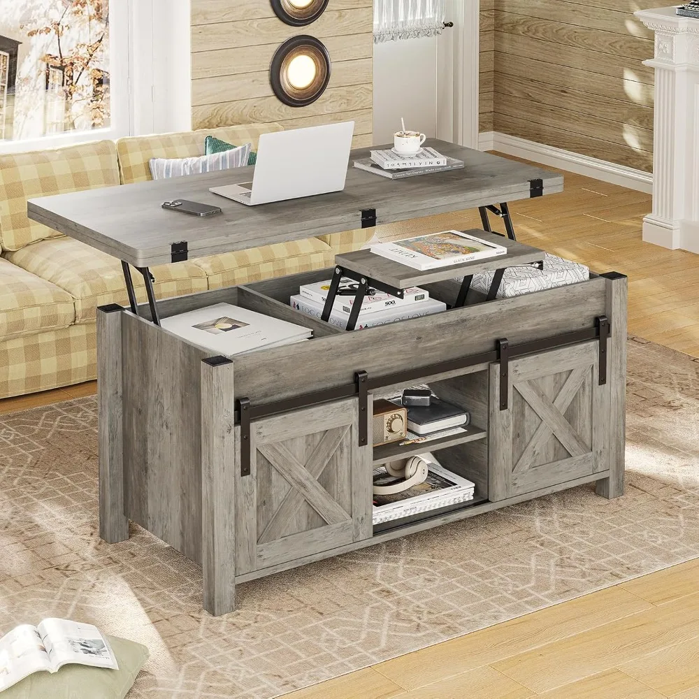 Lift Top,4 in 1 Multi-Function Convertible Coffee Tables with Storage and Hidden Compartment, Farmhouse Converts to Dining Table