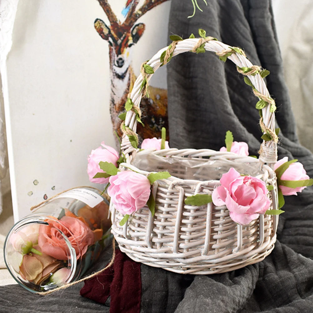 

1pc Deluxe Portable Flower Basket for Wedding Rattan Woven Handheld Floral Hamper Decorative Baskets Bridal Accessories Romantic