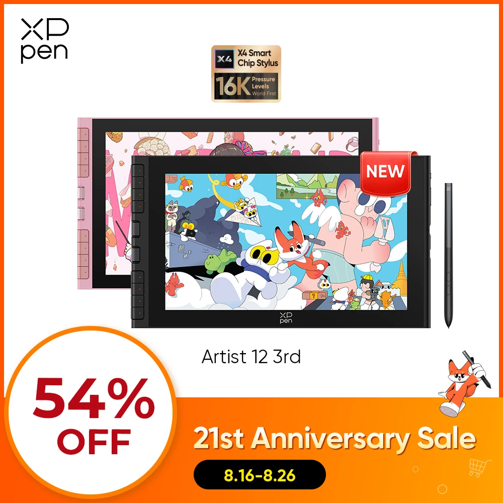 Moniteur graphique XPPen Artist 12 3e génération de 11,9 pouces avec stylet intelligent X4, 2 molettes, 8 touches, support pliable pour dessin, conception, cadeaux pour enfants