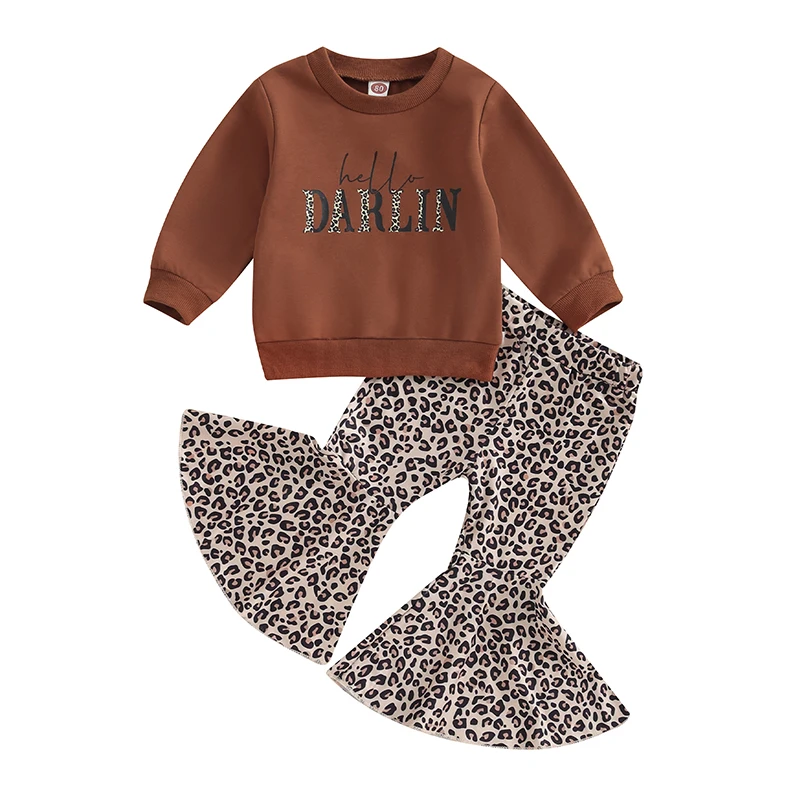 2023-09-05 Lioraitiin 6M-4Y Kid Girls Clothes Set Long Sleeve Letter Print Sweatshirt with Leopard Print Flare Pant Clothing Set