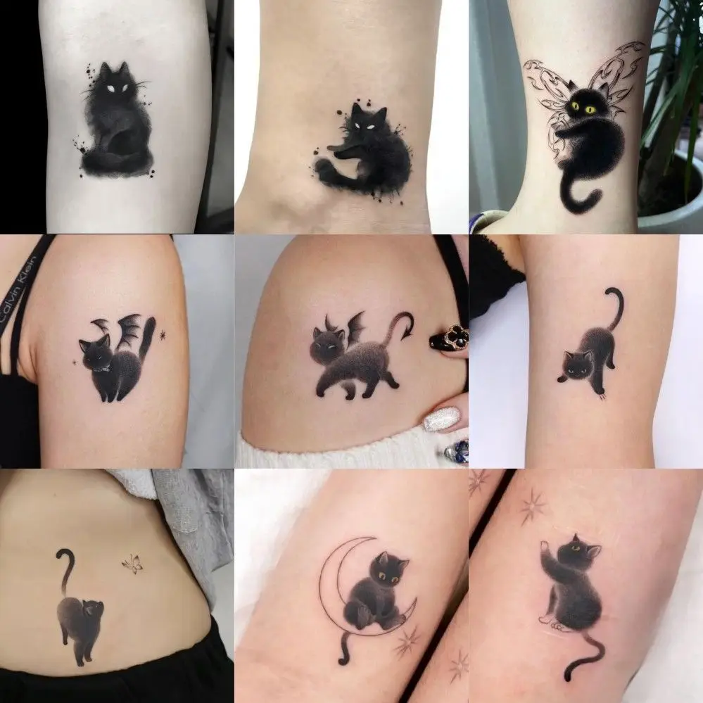 Czarny kot tatuaż tatuaż trwały sztuczny tatuaż dla kobiety ramię Punk tymczasowy tatuaż śliczne sztuczne tatuaże wodoodporne Tatuajes