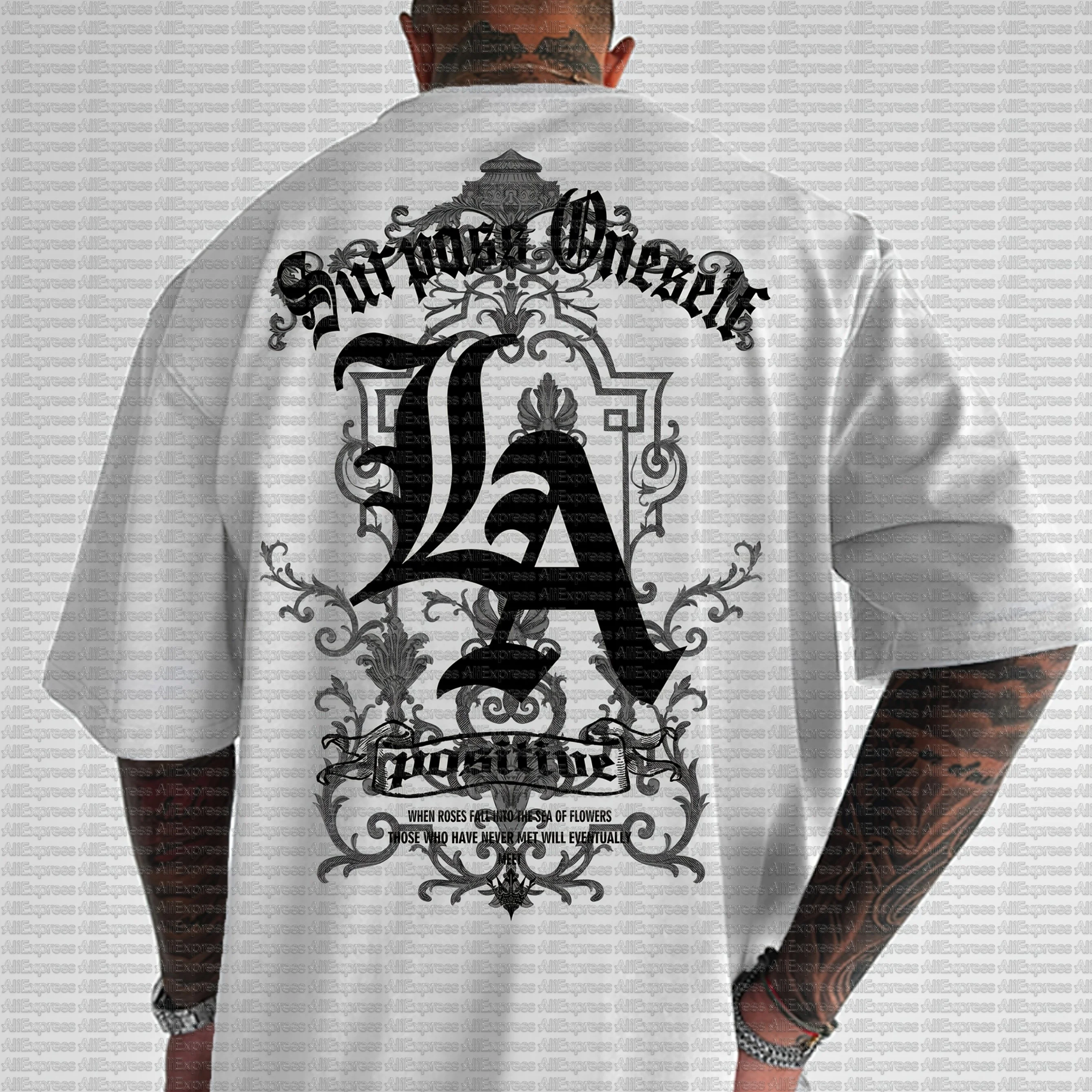 تي شيرت رجالي صيفي سريع الجفاف عصري كاجوال رياضي فضفاض من الخلف كبير مطبوع عليه حرف LA برقبة دائرية وأكمام قصيرة