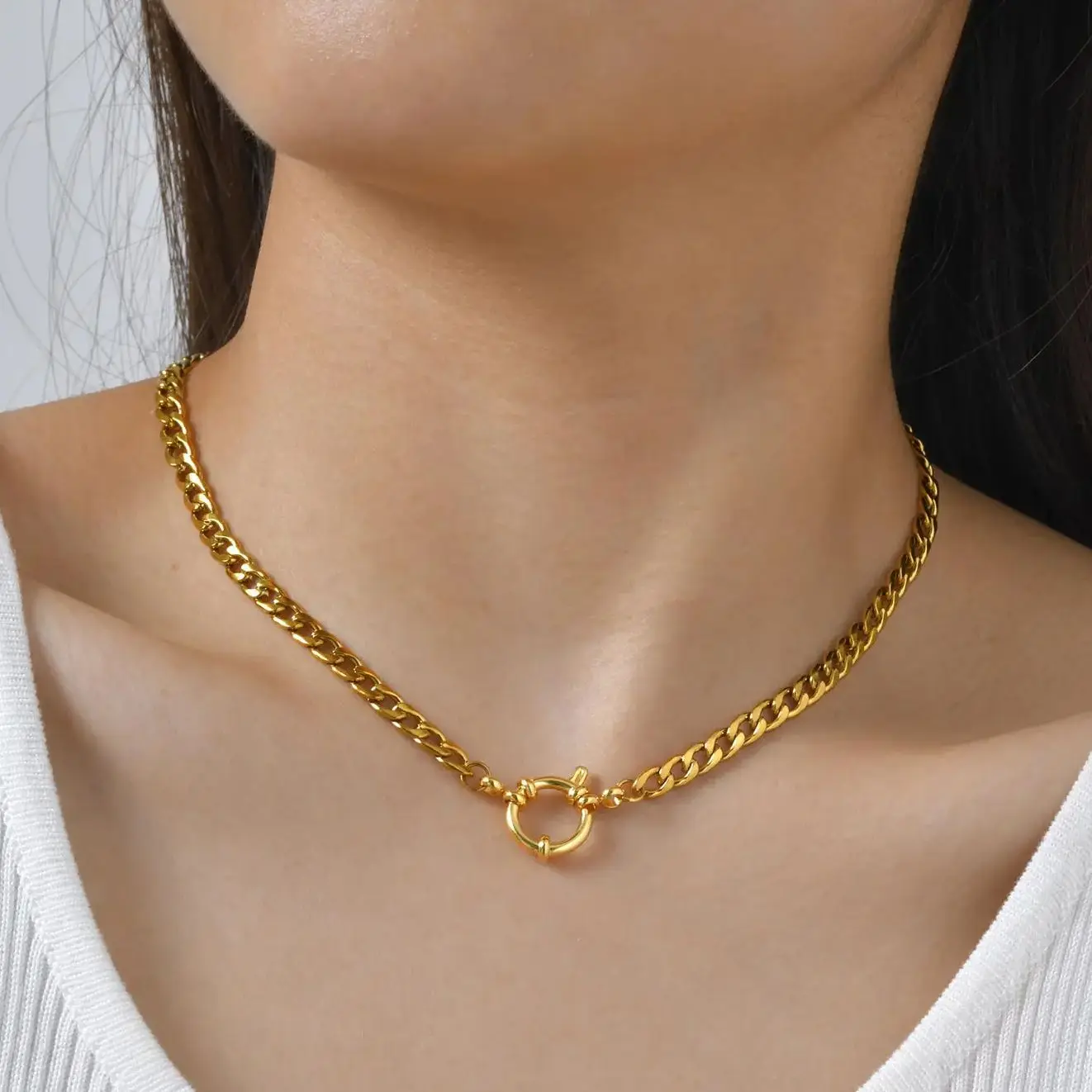 Chunky Bubble Buckle Necklace for Women,Stainless Steel Bead/Grinding/NK Chain Necklaces,18K Gold Plated Punk Jewelry Gifts - Image 4