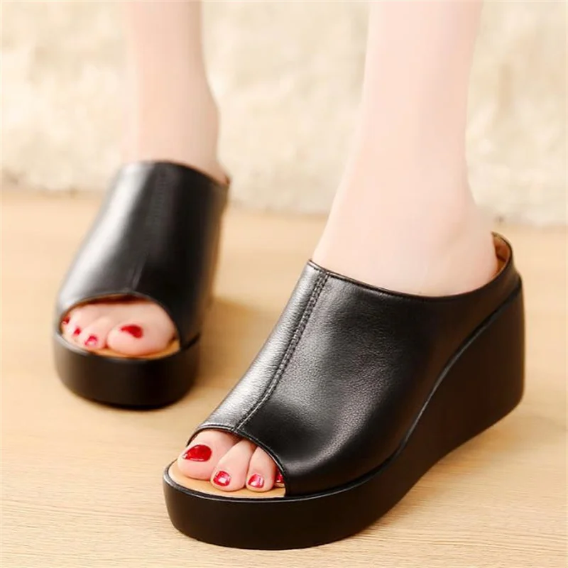 woman platform flip flops  new summer women genuine leather slipper high heel shoes women slippers big size 34 41