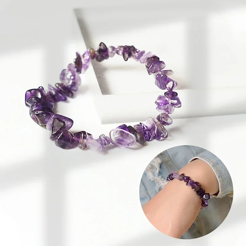 Natural Crystal Crushed Stone Bracelet Irregular Reiki Lucky Elastic Bracelet Ladies Fashion Strawberry Crystal Amethyst Jewelry