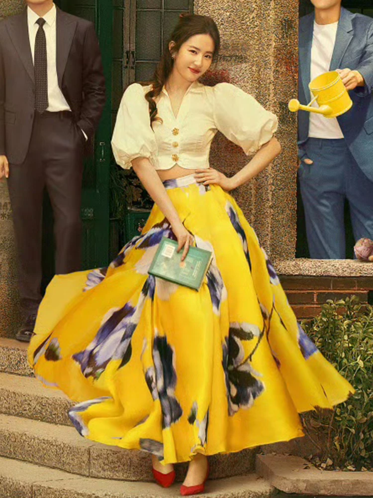 

Rose S Liu fei Yellow Bubble Sve irt Top Women Celebri f Skirt Set French Sle Cotton Slim Fit ort Sve
