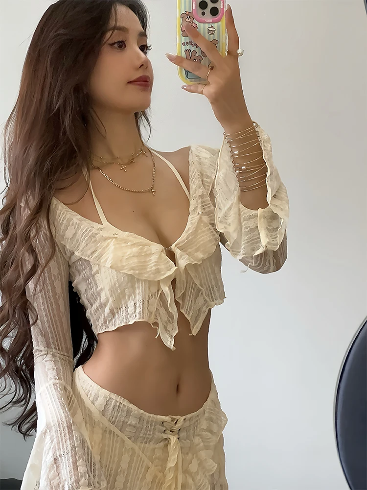 

Sexy Bikini Swimming Suit Long Sve Dr Sle Two Piece Set Small Chest Four Piece Set Meat Concealing Slimming Hot Spring