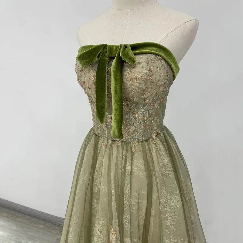 Green Velvet Bow Decor Evening Dresses For Women Show Slim Temperament Dinner Birthday Dresses Wedding Party Sisters Dress