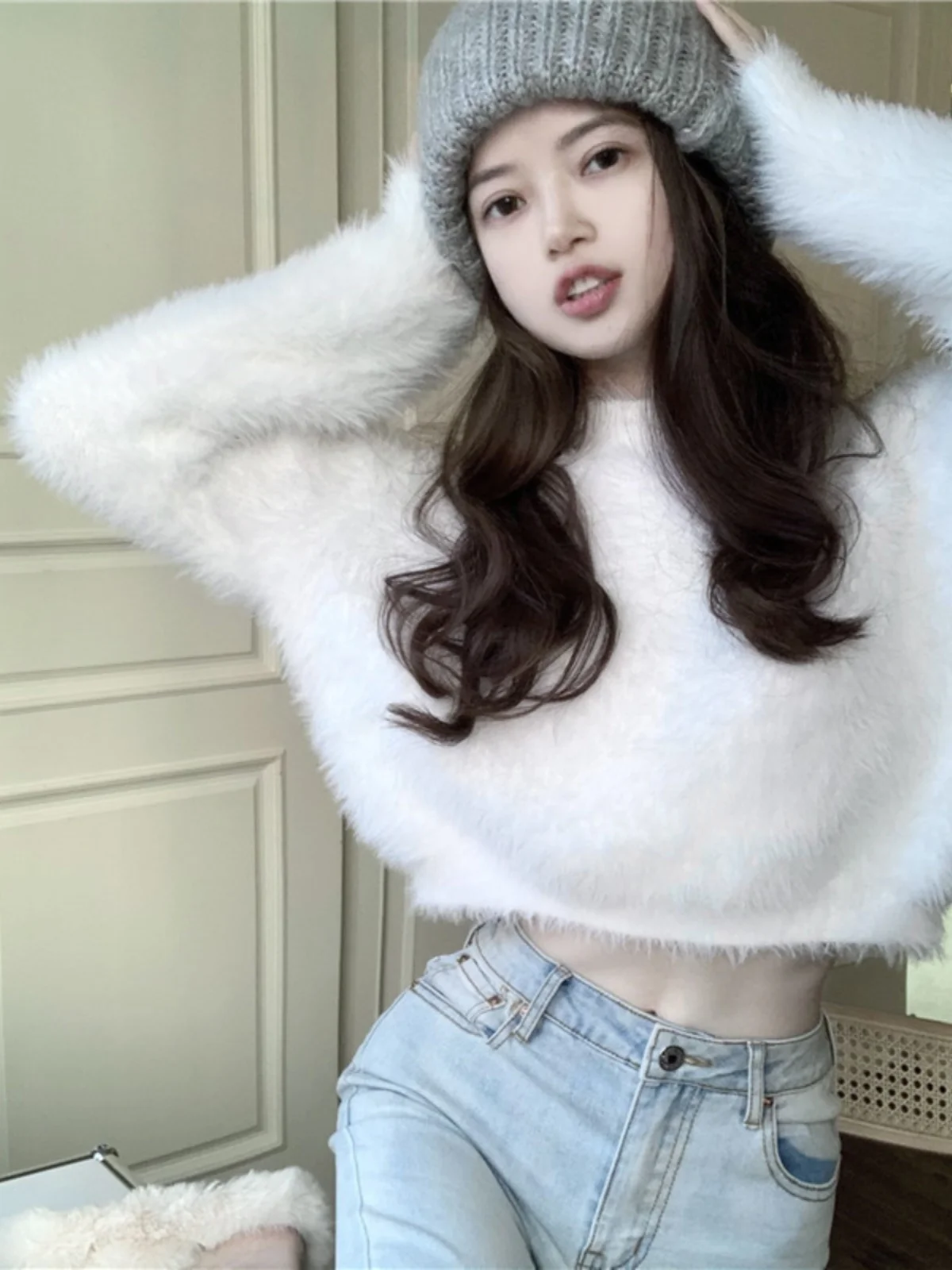

Soft ort Sve Long Sve Women's Knitted Sweater Faux Mink Softn Autumn Winter Warm round Ne Batwing Sve Top