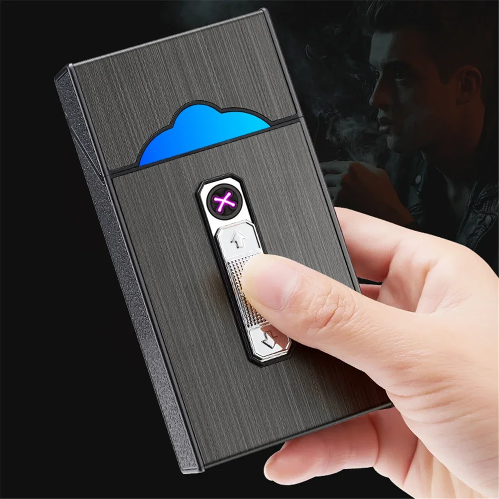 Long Cigarette Case With Double Arc Lighter 20pcs Capacity Cigarettes Holder Box USB Charging Lighter Thin Cigarette Accessories