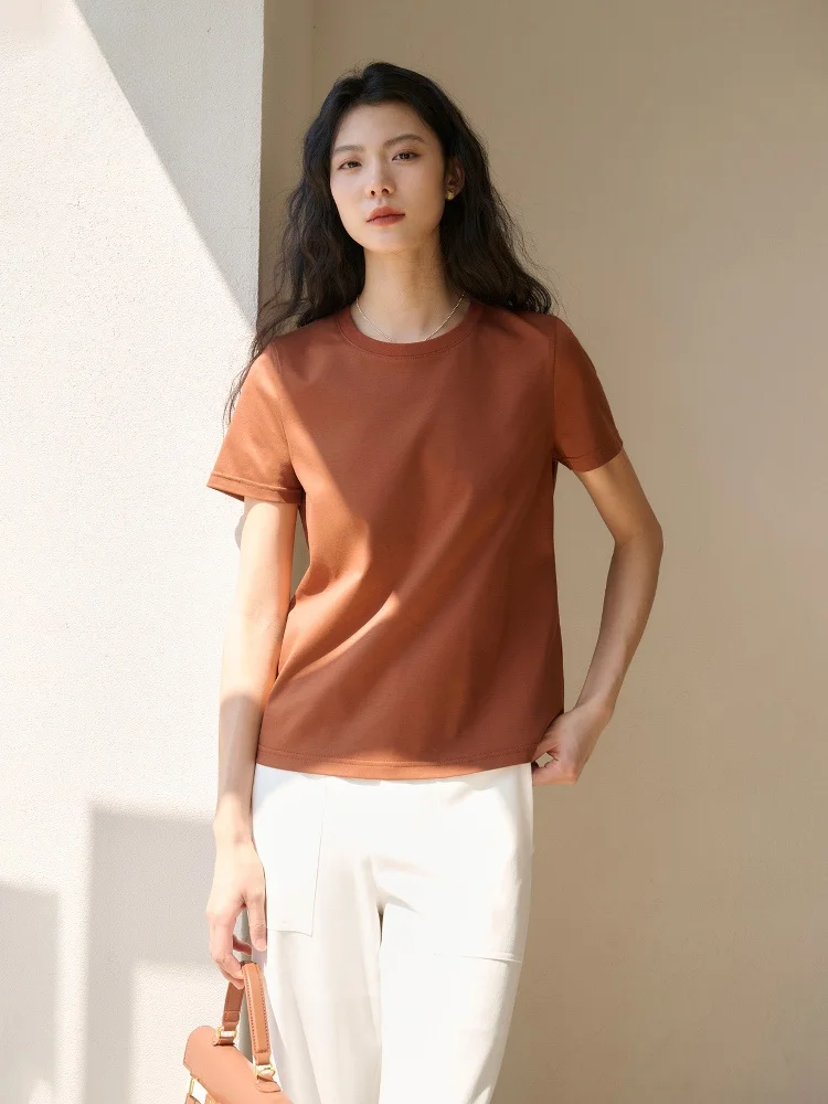 

QFKQ Women's Short Sleeve T-Shirt Summer New Style Double-Sided Silk Cotton round Neck Simple Color Base Shirt Casual Wear