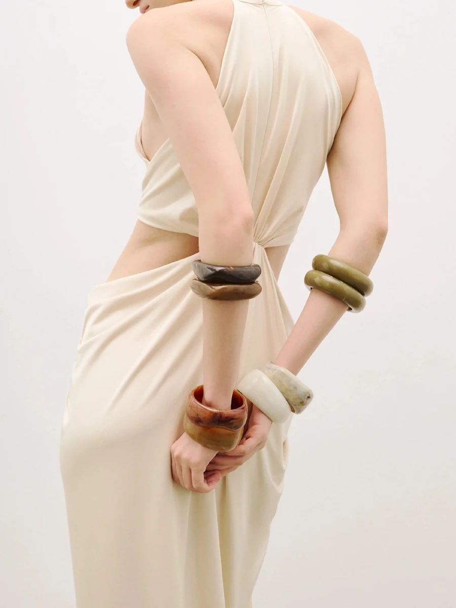 TWOTWINSTYLE Solid Hollow Out Spliced Knot Fashion Long Dresses for Women High Neck Sleeveless Patchwork Shirring Dress Female