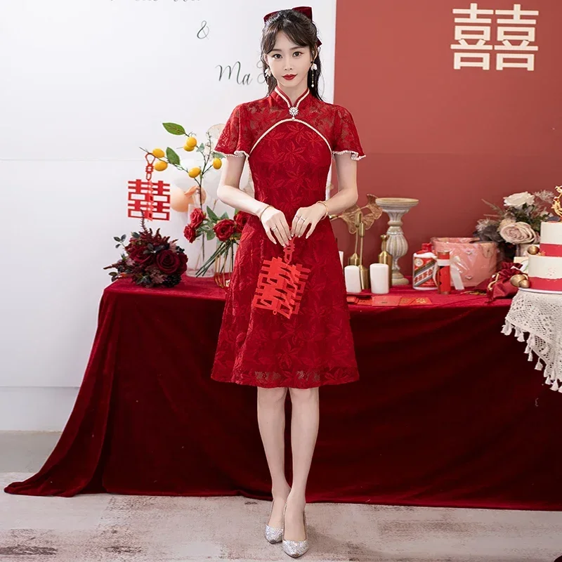 

Bridal Wedding Banquet Cheongsam Chinese Traditional Red Qipao Short Sleeve Lace Dress for Women Clothing