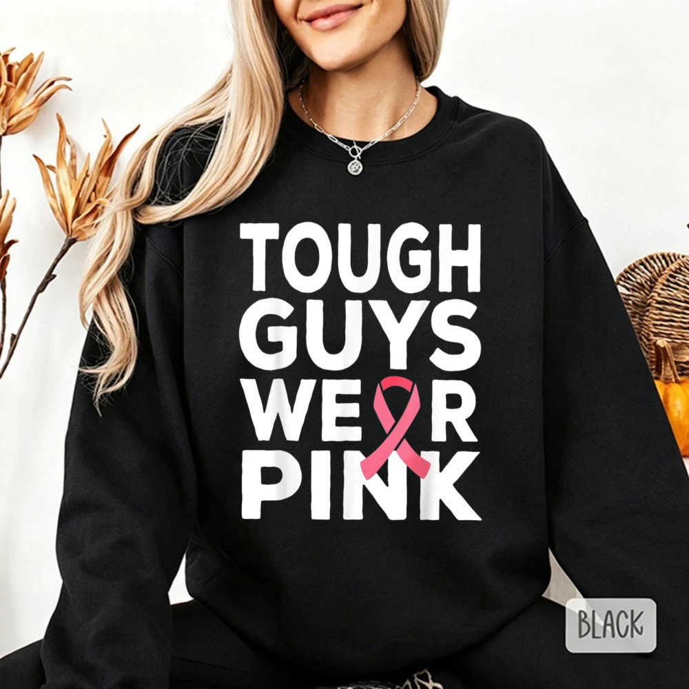 Sweatshirt zur Sensibilisierung für Brustkrebs für Männer, „Tough Guys Wear Pink“, Rundhalspullover, Pink Ribbon, Unisex, modischer Streetwear-Hoodie