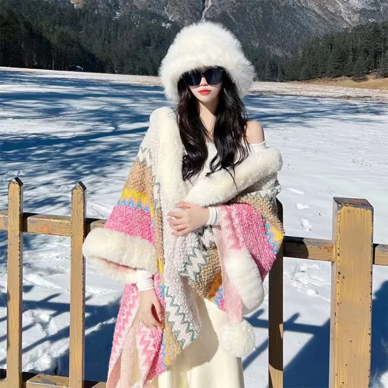 

Винтажная шаль в этническом стиле, толстый пушистый край, теплая дорожная шаль с шариком, женские пончо, осенне-зимние накидки, шарф Wh60