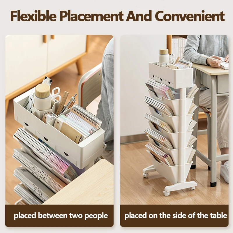 Movable Bookshelf Storage File Organizer Book Rack Large Capacity Shelves Bookcase with Drawer Magazine Snacks Rack