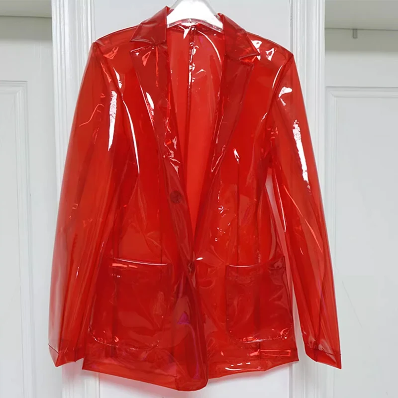 

Man Transparent Bright Red Crystal PU Plastic Suit Jacket Women Fashion See Through Wateproof Coats DJ Club Private Party Tops