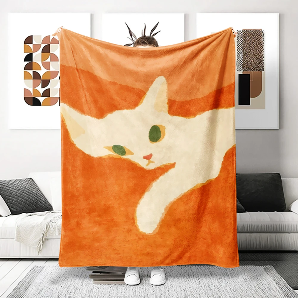 Orange White Cat Abstract Flannel Blanket Perfect For Sofa Office Bed Travel Sleep Read Relax Camping Four Season Use