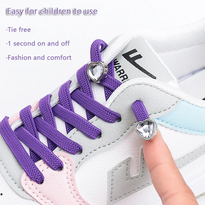 4PCS Heart Diamond Metal Shoe Buckle Flat Elastic Laces Sneakers Kids Adult Quick No Tie Shoelaces Lazy Rubber Bands Shoestrings