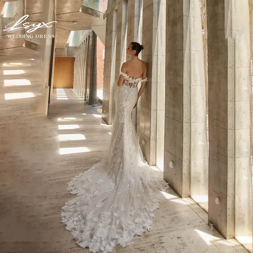 LSYX Aangepaste Zeemeermin Uit De Schouder Open Rug Strapless Vloerlengte Kant 3D Bloem Trouwjurk 2025, Vestidos De Novia