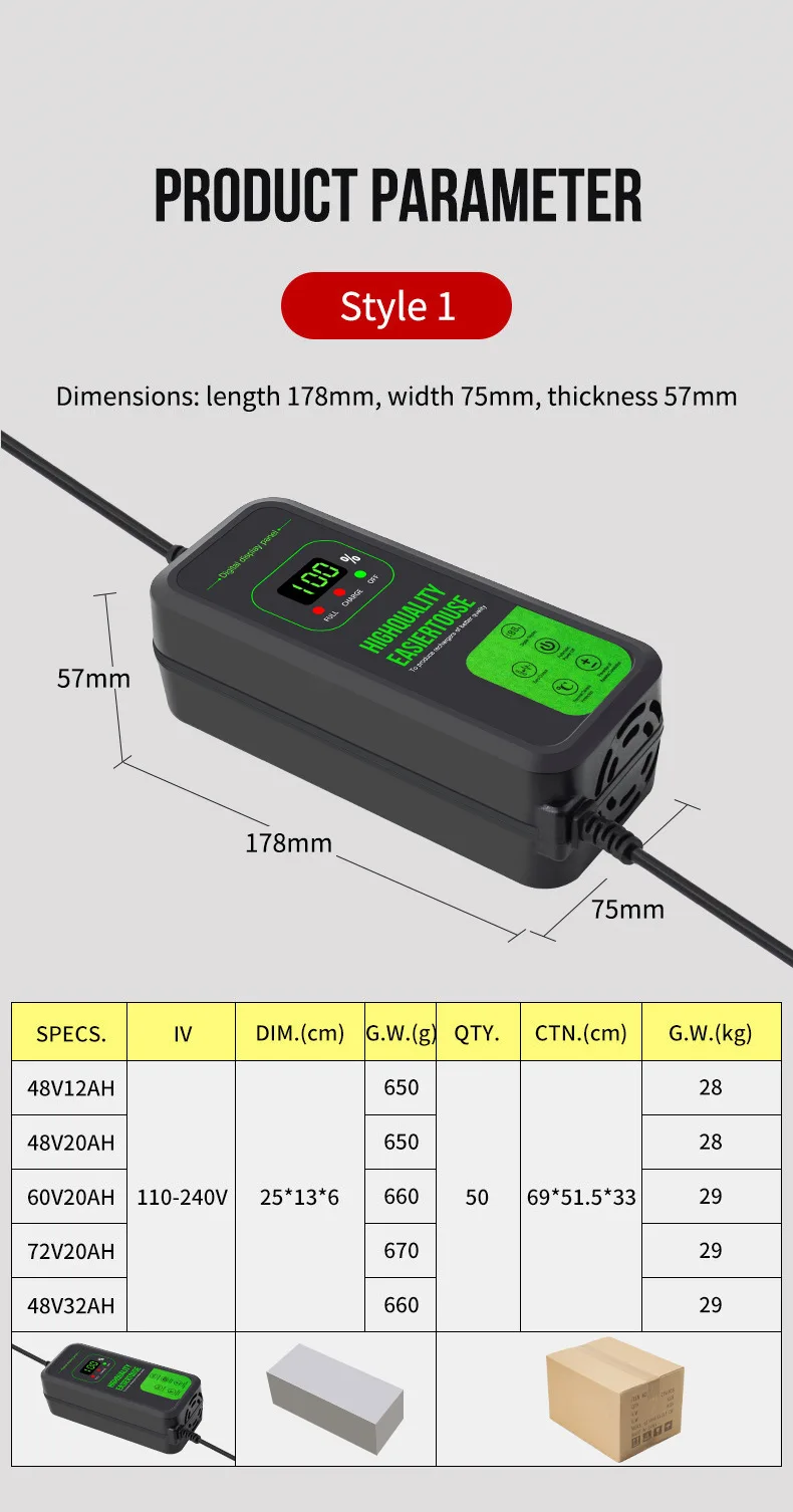 Display digital 60V 20Ah Carregador de bateria de chumbo-ácido com desligamento automático Carregador de e-bike