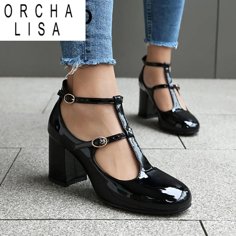 

ORCHA LISA 2025 Women Pumps Round Toe Chunky Heels 7cm T Strap Buckle Strap Large Size 41 42 43 US12 Sweet Shoes Green Red Black