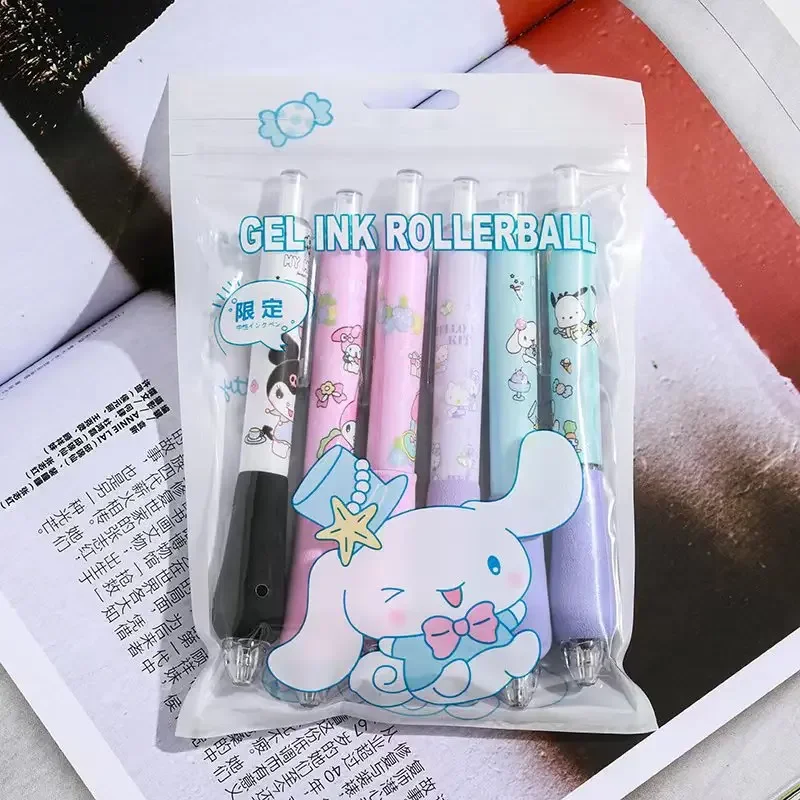 6 sztuk/zestaw Sanrio Cinnamoroll My Melody Pom Pom Purin Pochacco miękki uchwyt dotykowy 0.5mm długopis czarny atrament nowość długopis