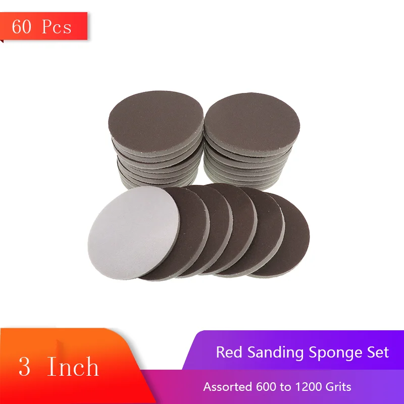 3 Inch Red Sanding Sponge Set 60 Pcs Assorted 600 to 1200 Grits Hook and Loop Sanding Disc for Polishing Wood Furniture Plastic