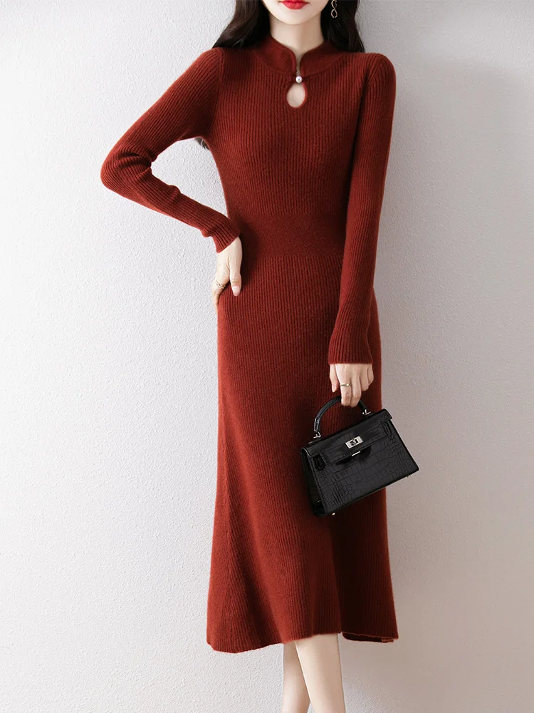 

Autumn Winter Women Sweater Wool Dress Chinese Style Pullover Skirts 100% Merino Wool Knitwear Vintage Cashmere Chic Slim Skirts