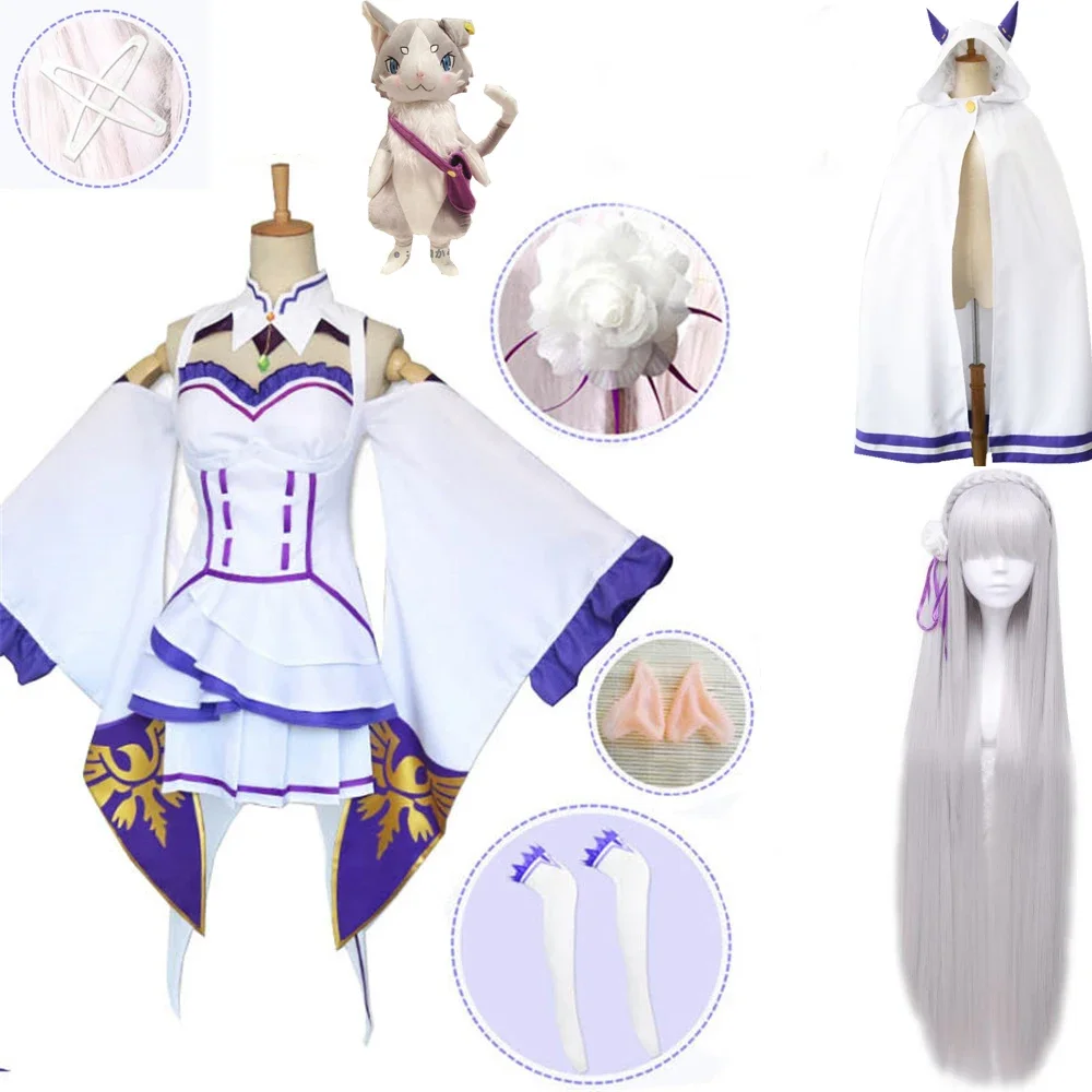 Re Zero Kara Hajimeru Isekai Seikatsu Emilia  Cosplay Costumes Women Dress With Headdress For Halloween Party