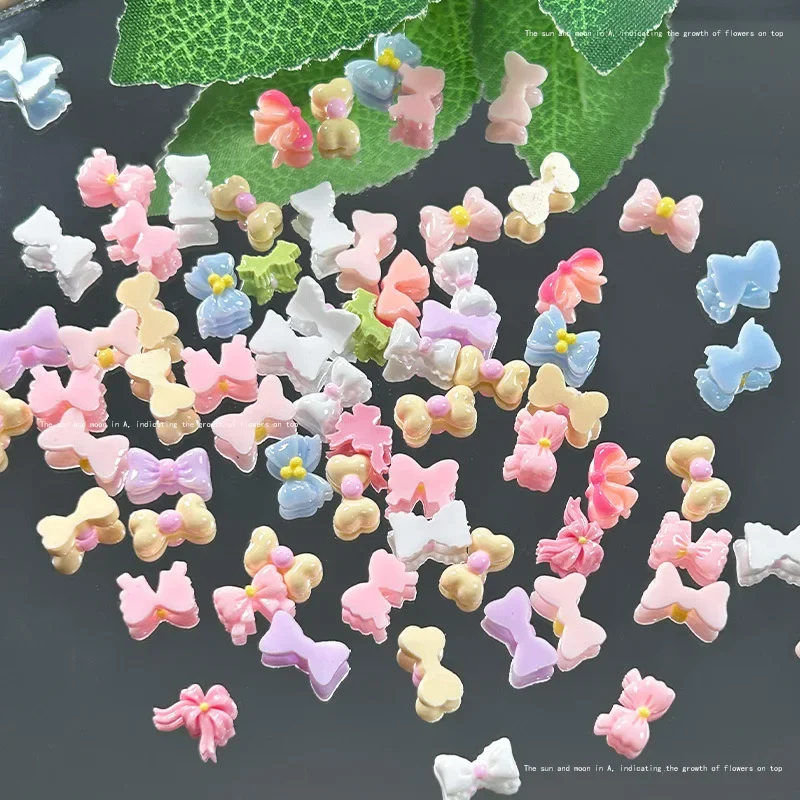 50PC Bow Korean Nail Charms Dopamine Bow 3D Jewelry For Nail Art Decoration Kawaii Accessories Shiny Resin Mini Ribbon Parts DIY