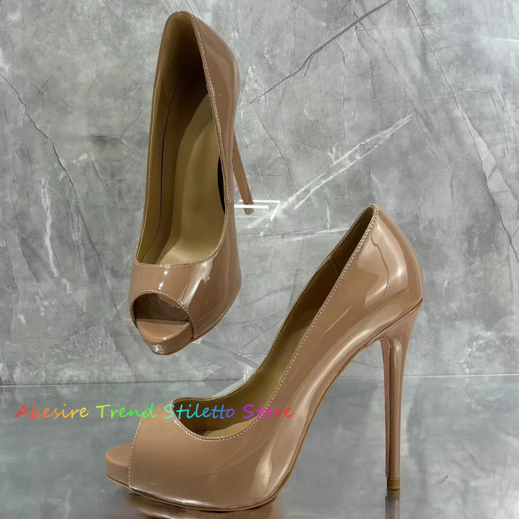 Nude Patent Leather Thin High Heel Pumps Women 12cm Peep Toe Stiletto Heels Slip on Size 43 Formal Party Dress Runway Shoes