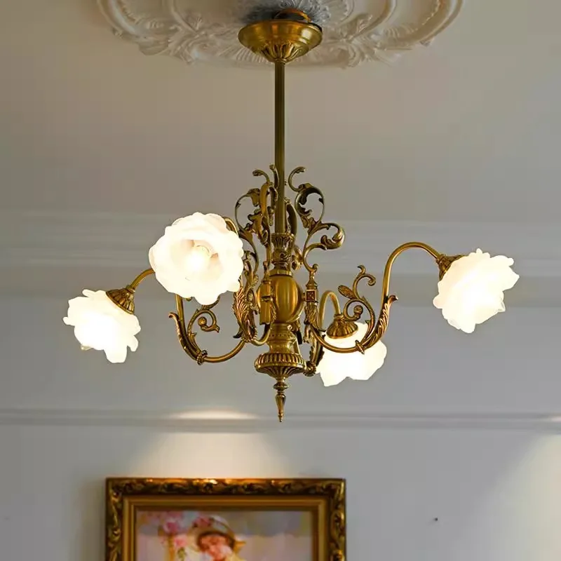 American Classical All Copper Ceiling Chandelier Retro Countryside Flower Luxury Woonkamer Bedroom Dining Room Lighting Ornament