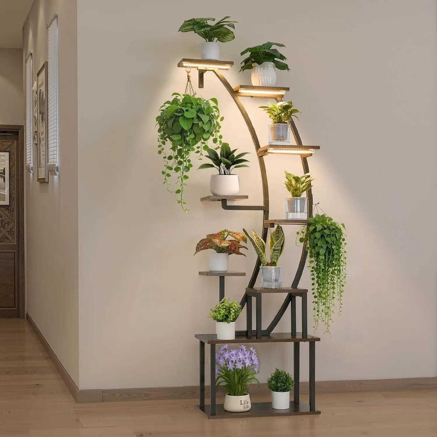 

63" Tall 9-Tier Indoor Plant Stand with Grow Lights, 3 Timer & 10 Brightness, Metal Corner Shelf for Living Room Balcony Decor