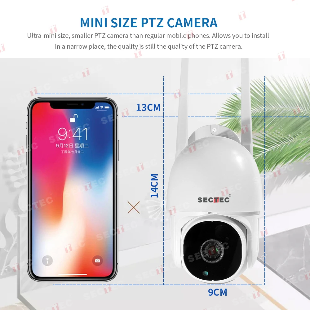 Mini Monitor de seguridad TUYA 1080P, cámara PTZ SECTEC en casa, visión nocturna HD, Audio bidireccional, impermeable IP66, seguimiento automático