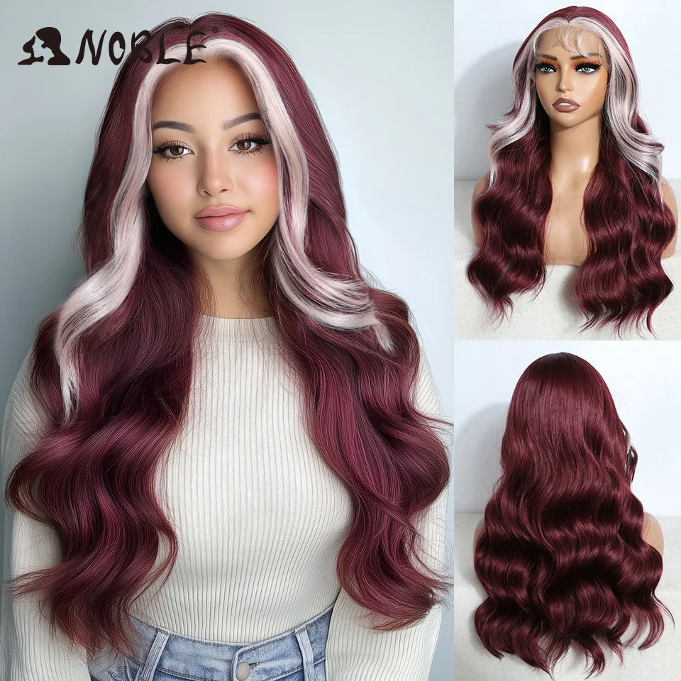 

Noble Synthetic Lace Front Wig 22 Inch Wine Red Wig Easy Wear White Body Wavy Lace Wig For Women Wig Ombre Blonde Cosplay Wig