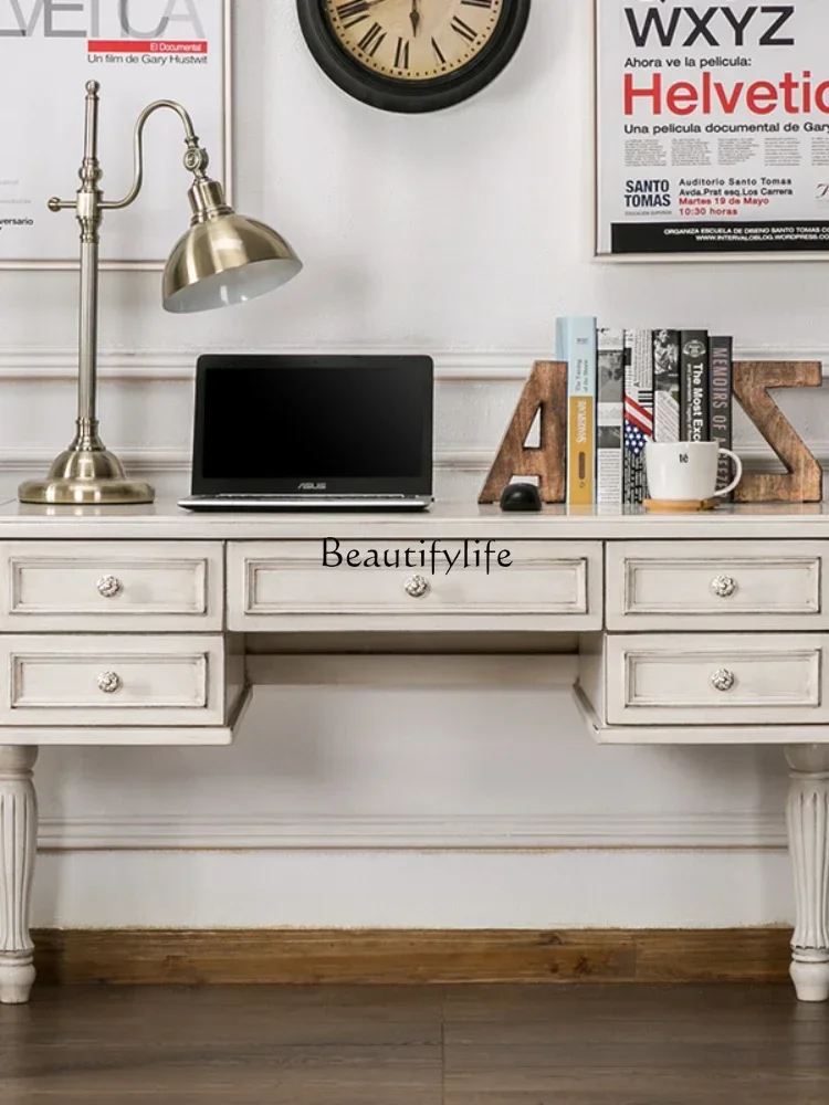35LAmerican country ivory white old oak desk simple modern solid wood