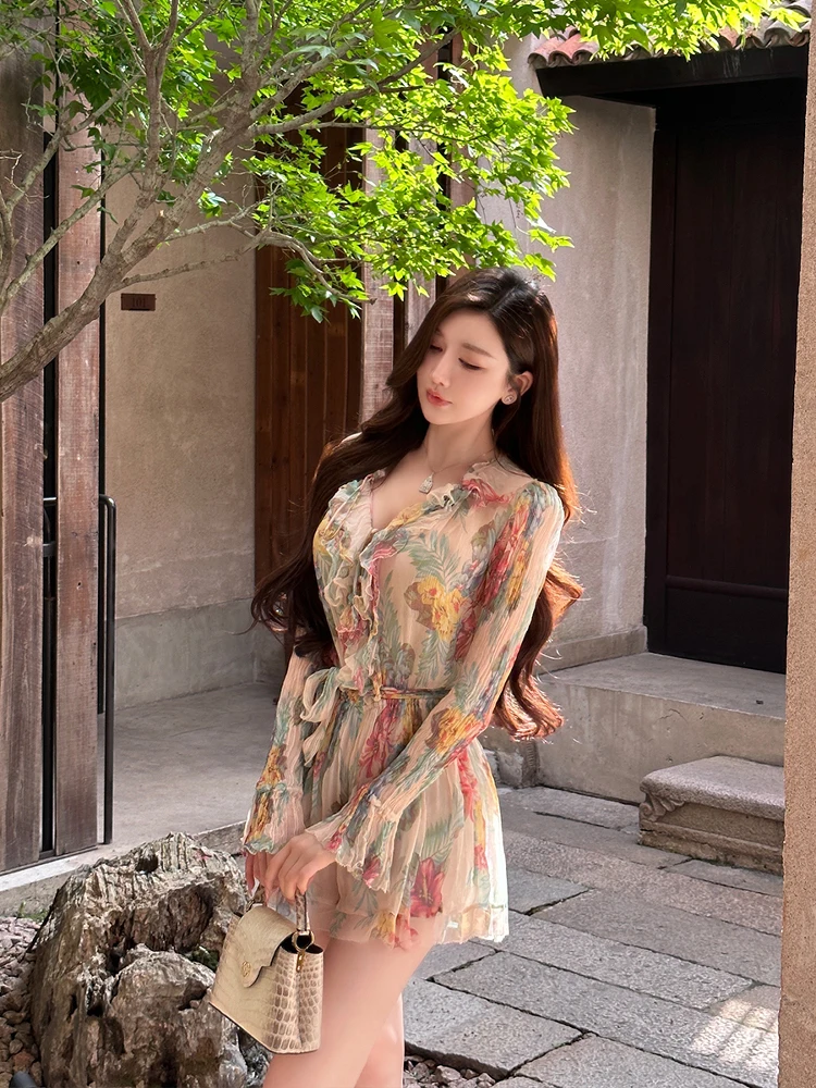 

Ele Silk Long Sve Printed Dr Women's High Waist V-Ne Button-Up irt Dr Lightweight Luxury Faionable Gown