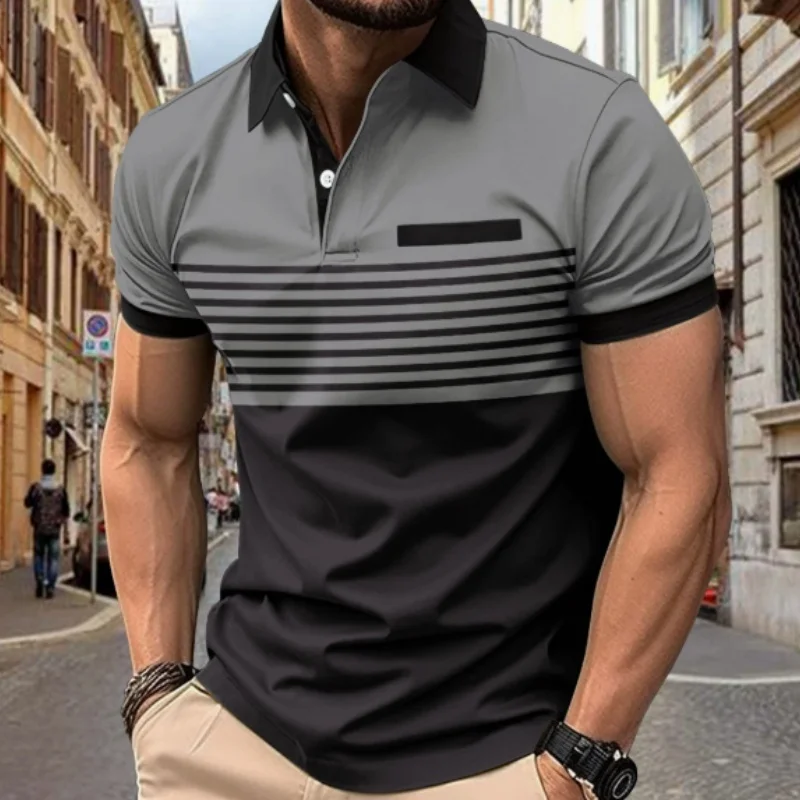 Men's striped polo shirt, fashionable and versatile pullover collar casual business shirt for holidays - short sleeve version