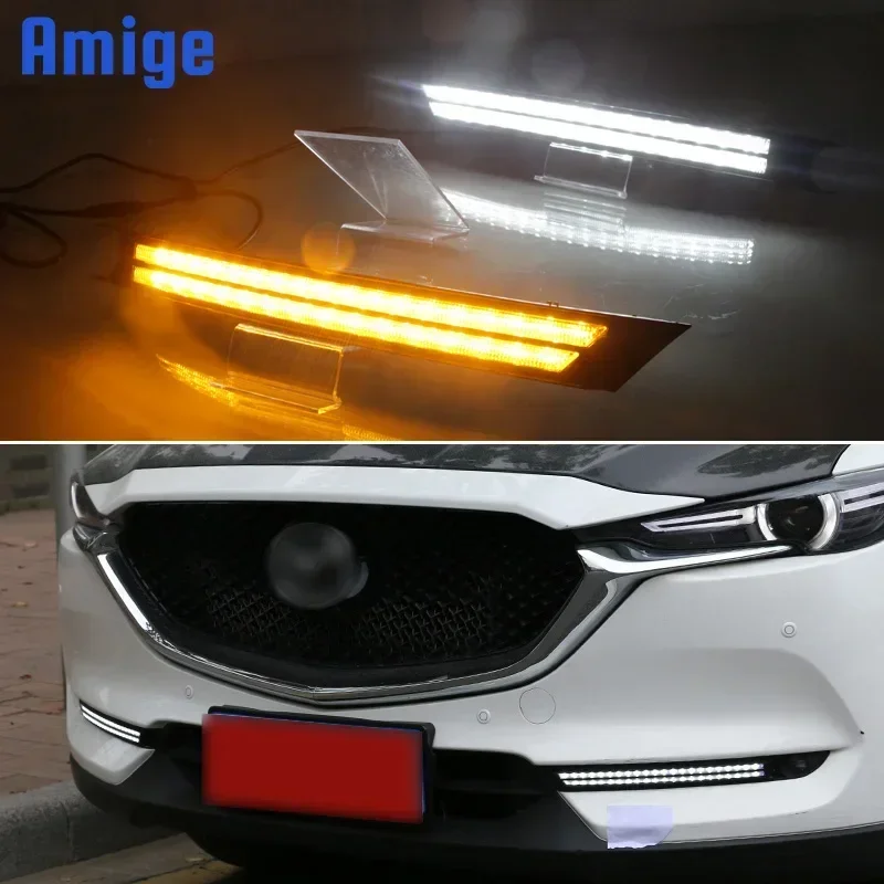 Car LED DRL 12V Daylights For Mazda CX-5 CX5 2017 2018 2019 Yellow Turn Signal Daytime Running Light Car Foglamp