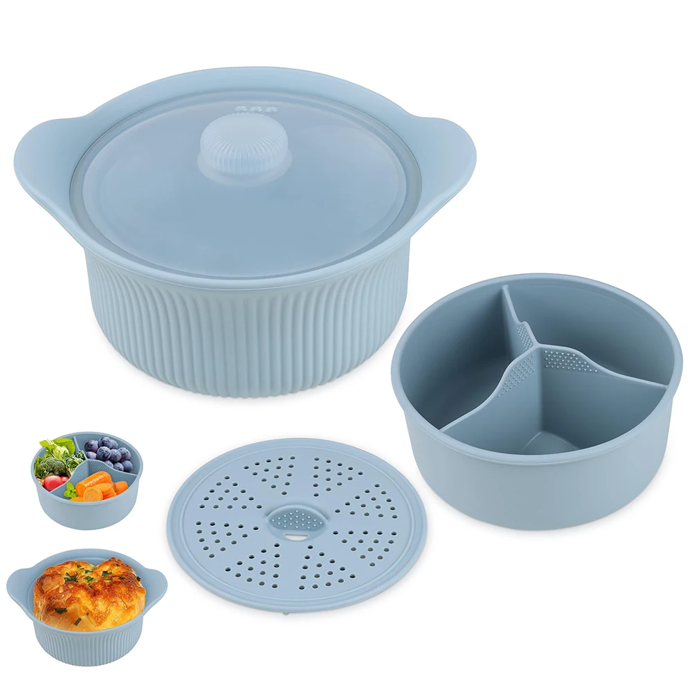 

Multi-Compartment Silicone Steamer Pot Microwave-Safe Vegetable & Meat Steaming Cookware 3 - Grid Steamer for Food Heating
