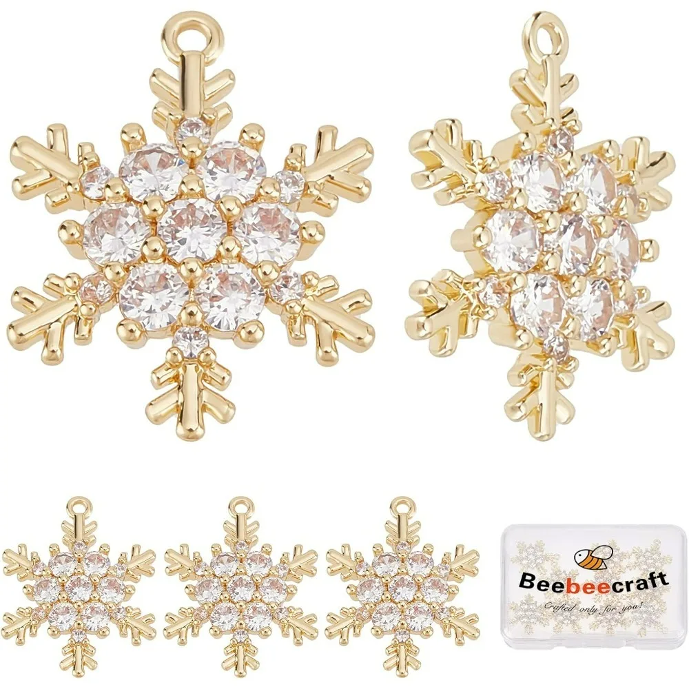 10Pcs 18K Gold Plated Snowflake Charms Cubic Zirconia Winter Christmas Charm Pendants for Crafting Bracelet Necklace Jewelry