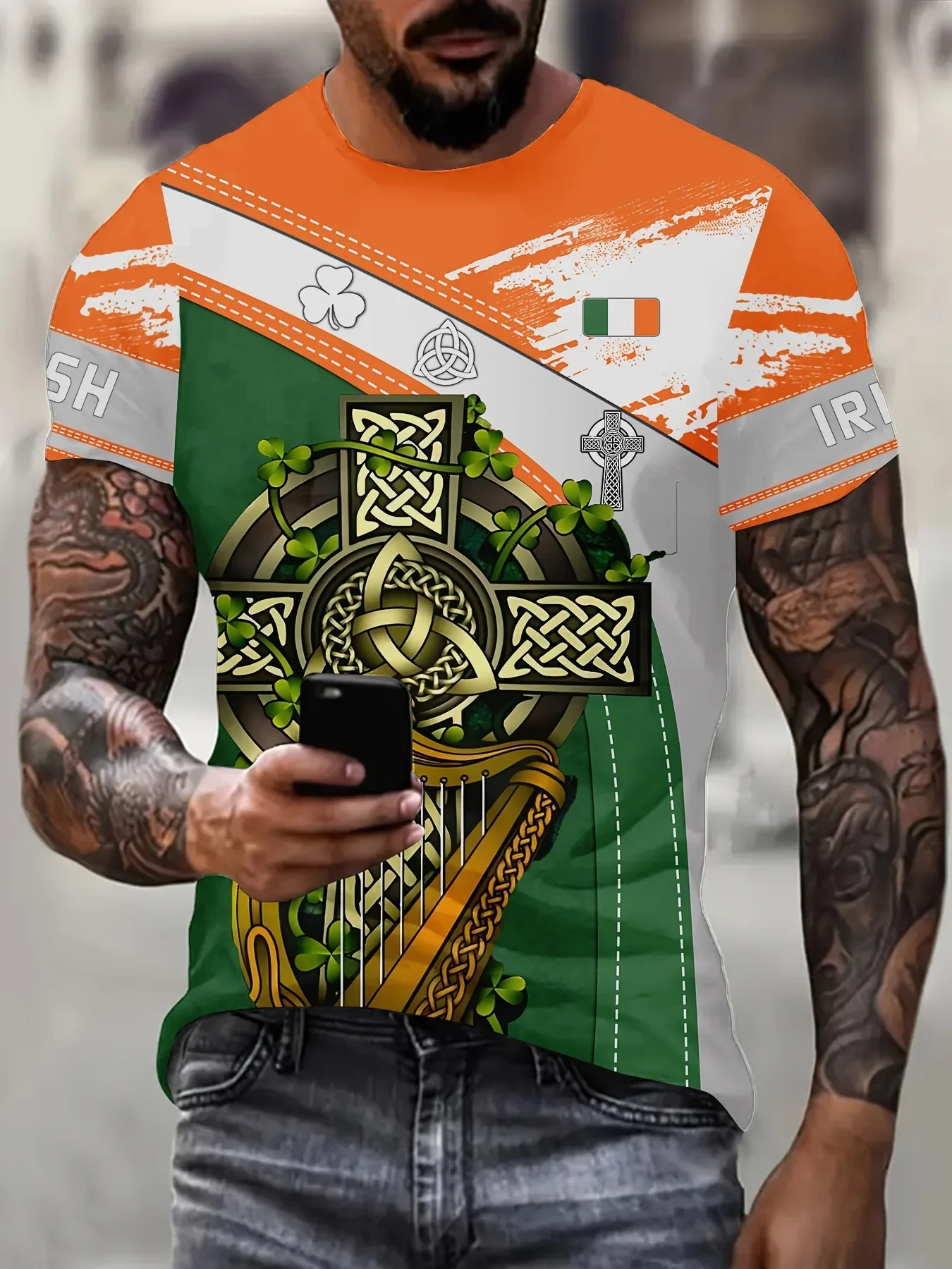 تي شيرت رجالي مبتكر بتصميم قيثارة أيرلندية وصليب سلتيك - أكمام قصيرة من البوليستر بتصميم عتيق قابل للغسل في الغسالة
