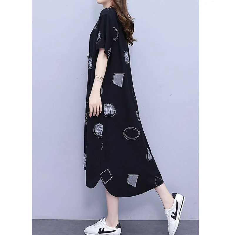 Fashion Women\'s Clothing Casual Pockets Spliced Printing Dresses Summer Loose All-match Round Neck Asymmetrical Dress Female