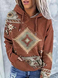 Women's casual fashion round neck pullover hoodie Western ethnic style retro print women's top hoodie