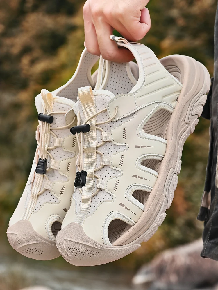 

Мужские летние сандалии из натуральной кожи, дышащие, с защитой от запаха, с перфорацией, для водных видов спорта, уличные, нескользящие, с закрытым носком