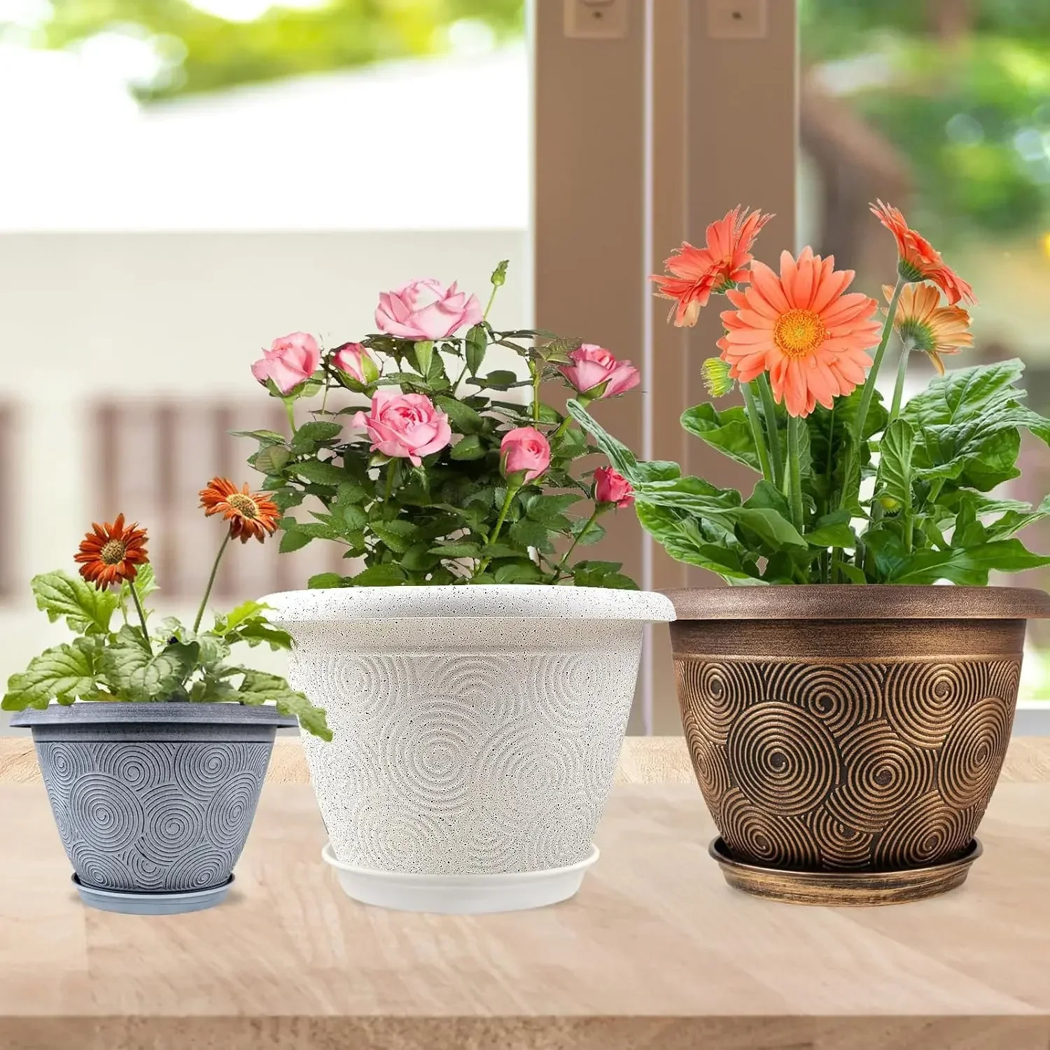 16 Inch Large Planter Pot for Plants Indoor Outdoor, 4 Pack Plastic Flower Pots w/ Drainage Hole & Tray,Modern Decorative Garden